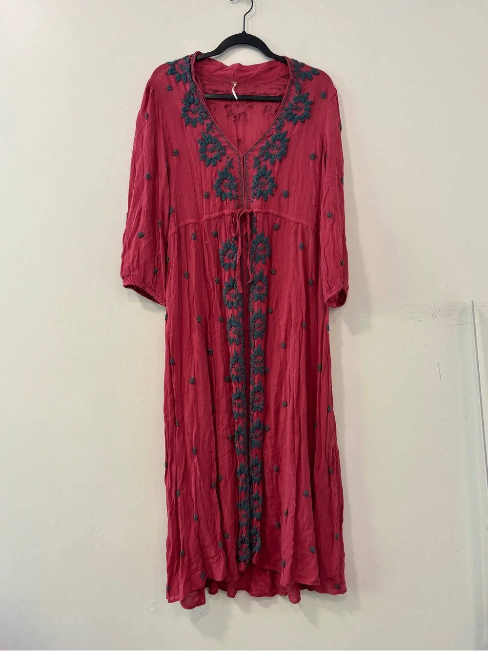 Free People Embroidered Fable Midi Dusty Rose Blue Boho Dress Size L